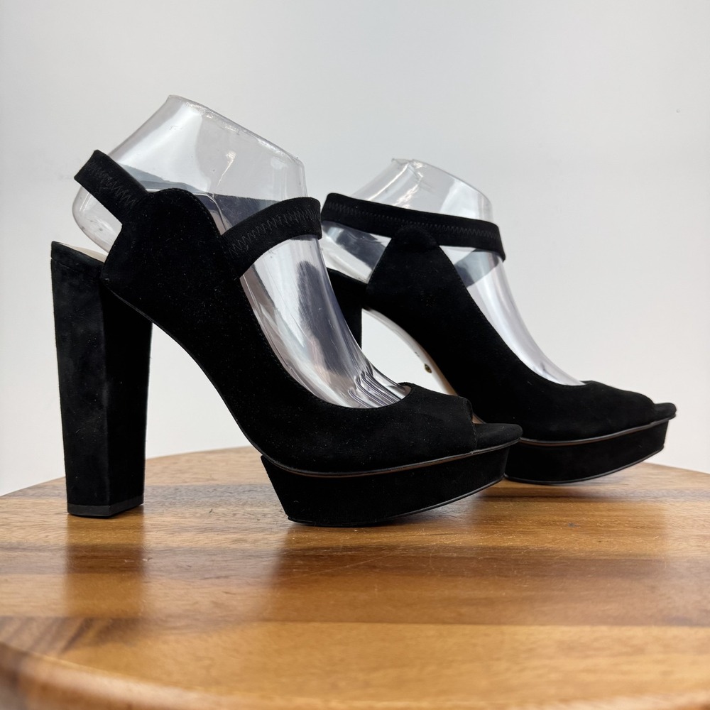 Womens Pelle Moda Pacey Peep Toe Black Suede Strappy Platform Heel Sandals Sz 11